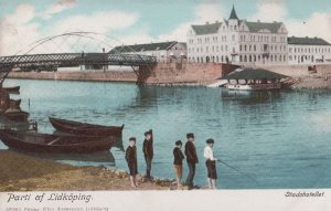 School Children Fishing Fish Rod At Lidkoping Sweden Antique Swedish Postcard