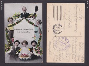 Germany postcard 1916 people garland cake champagne name day WWI Feldpost