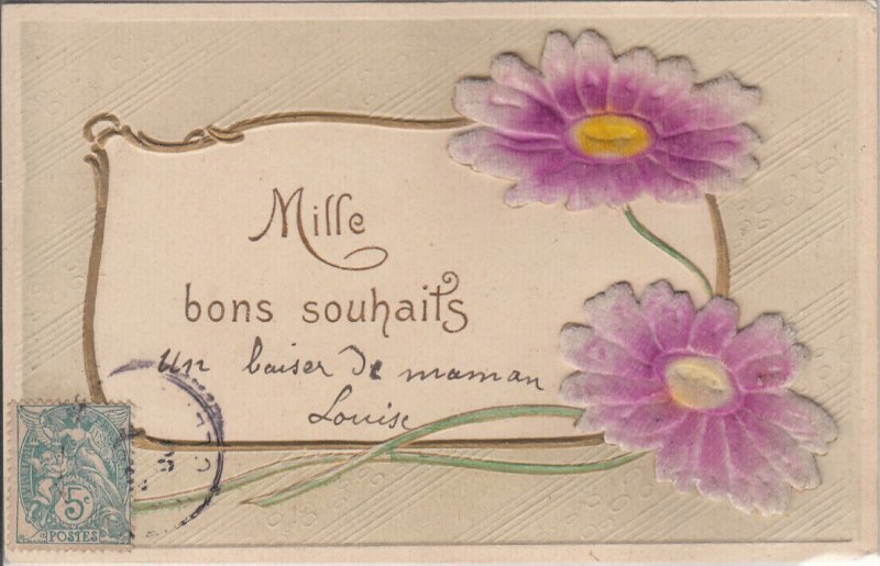 Embossed velvet fabric flowers art nouveau vintage greetings postcard France 