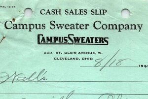 1939 CAMPUS SWEATER COMPANY CLEVELAND OH WALL'S ORRVILLE BILLHEAD CASH SLIP Z991