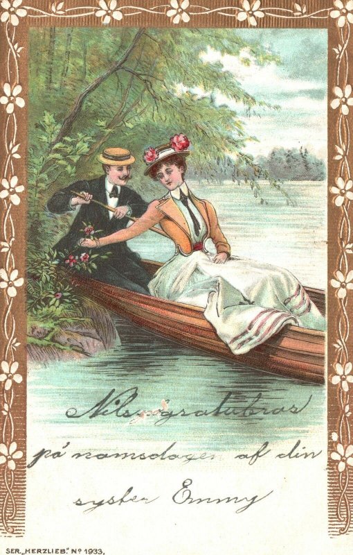 Vintage Postcard 1900's Romance Romantic Gentleman and Woman Boating on Lake