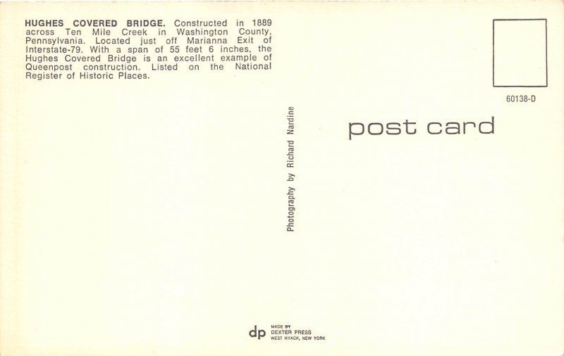 Ten Mile Creek Pennsylvania 1960s Postcard Hughes Covered Bridge