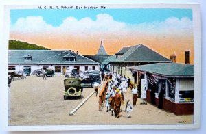 Bar Harbor Maine Linen Postcard MCRR Wharf Bar People Old Cars Automobile Unused