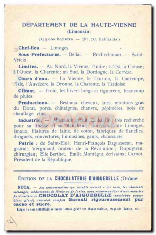 Old Postcard geographical maps of Chocolaterie & # 39Aiguebelle Haute Vienne ...