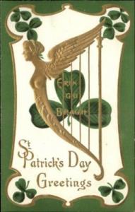 St Patricks Day Gilt Harp Embossed c1910 Postcard