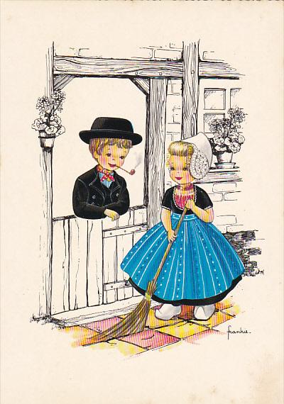 Dutch Girl Sweeping and Dutch Boy Smoking Pipe Signed Frankie