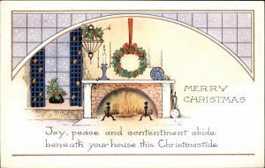 Christmas Wreath Fireplace Holly Gilt Embossed Whitney c1900s-10s Postcard