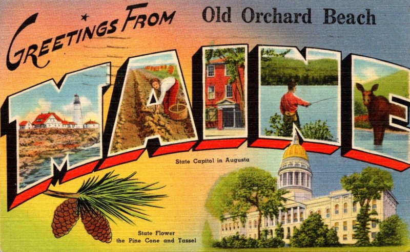 Maine Greetings From Old Orchard Beach Large Letter Linen 1947