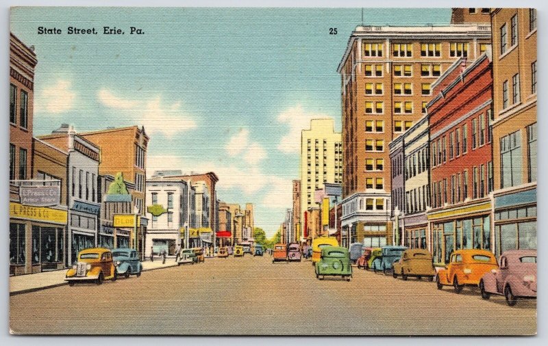 Vintage Postcard Main Road State Street Highway Cars Buildings Erie Pennsylvania