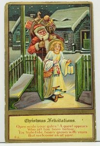 Christmas Felicitations Santa & Angel Leading the Way Embossed Nash Postcard J1