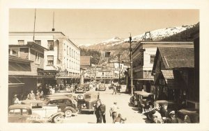 Ketchikan AK Busy Street Scene Old Cars Storefronts Real Photo Postcard