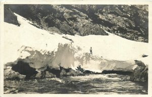 California Sierra Mountain Snow River man RPPC Postcard 25-11219