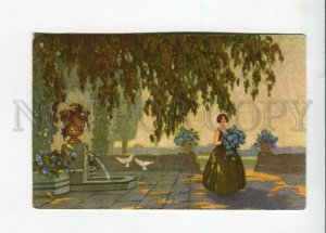 3158004 ART NOUVEAU Lady w/ Flowers & Pigeons vintage PC
