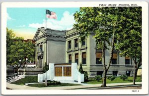 Public Library Manistee Michigan Flag on Grounds Building Postcard