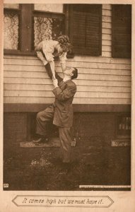 It Comes High But We Must Have It Woman Hanging Out Window Vintage Postcard 1909