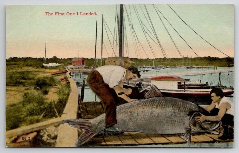 Exxagerated Fish The First One I Landed Men Ax Pier J Herman Postcard M29