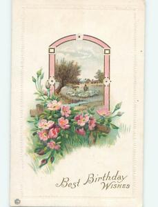 Divided-Back birthday BEAUTIFUL PINK FLOWERS & SHEPHERD WITH SHEEP o8902