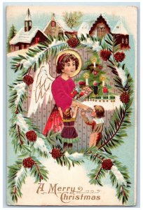 1912 Christmas Tree Pine Cone Angel Children Parsonsfield Maine ME Silk Postcard 