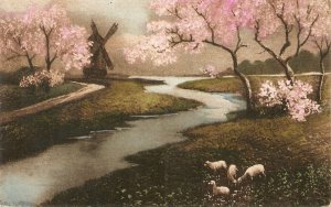 Landscape with river, Windmillo, Flooweres trees, sheep Old vintage German PC