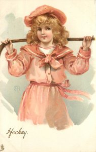 Tuck Postcard Outdoor Games 6884 Hockey S/A EJ Andrews Girl With Hockey Stick