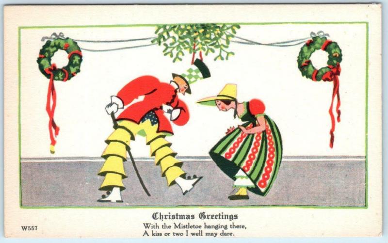 Art Deco CHRISTMAS GREETINGS  Mistletoe Hanging Verse   Postcard