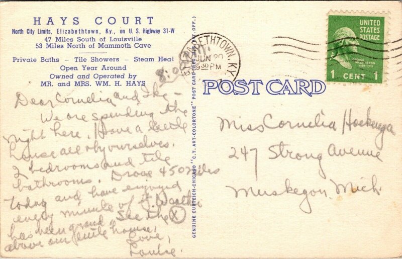 Linen Postcard Hays Court in Elizabethtown, Kentucky~137511