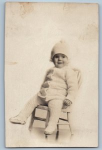 c1910's Cute Baby Wearing Knit Snowsuit RPPC Photo Posted Antique Postcard