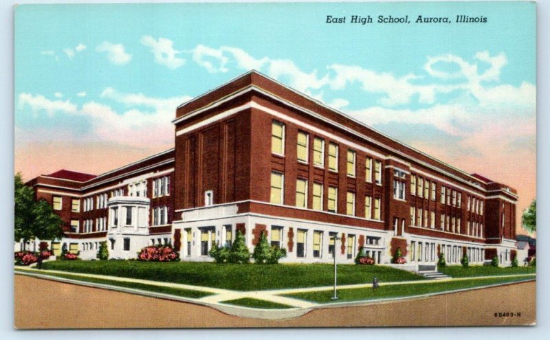 AURORA, IL Illinois ~ EAST HIGH SCHOOL  c1950s Linen DuPage County Postcard