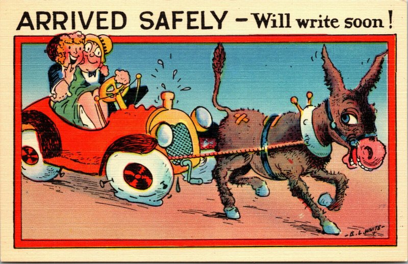 Vtg Comic Linen Postcard Arrived Safely Donkey Pulling Broke Down Car Funny