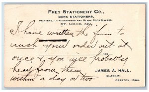 Creston IA St. Louis MO Postal Card Frey Stationery Co. Bank Stationers 1894