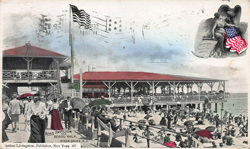 Ross Pavilion, Ocean Grove, N.J., Early Hand Colored Postcard, Used in 1906