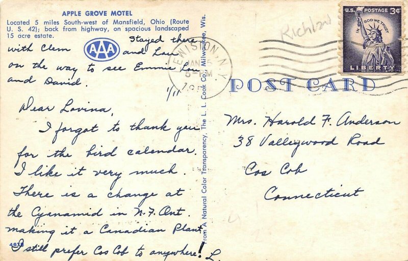 Mansfield Ohio 1958 Postcard Apple Grove Motel