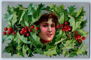1909 Christmas Greetings Pretty Woman Holly Berries Embossed Chicago OH Postcard
