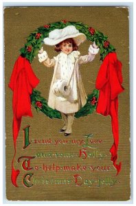 1910 Christmas Pretty Girl Big Hat Whreat Salisbury Missouri MO Antique Postcard