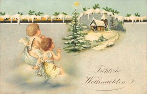 Fröhliche Weihnachten Christmas Greetings Angels Tree 1908 Vintage Postcard