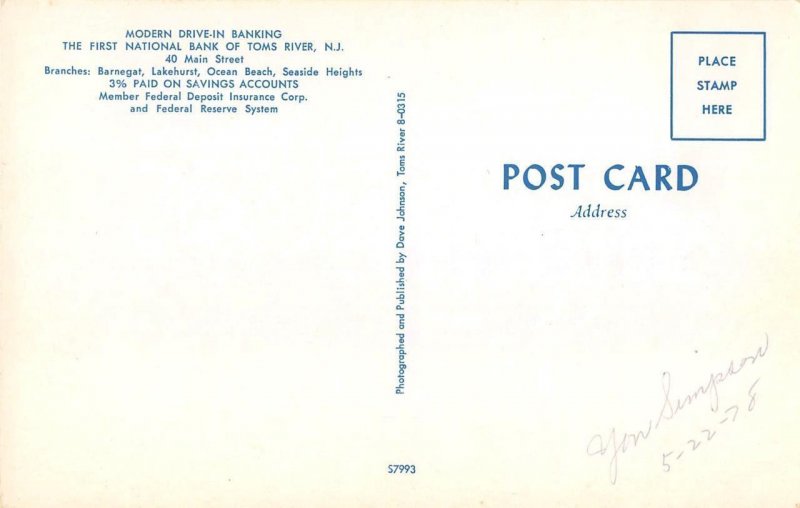 Drive-In Banking 1st National Bank of Toms River, NJ 1960s Cars Vintage Postcard