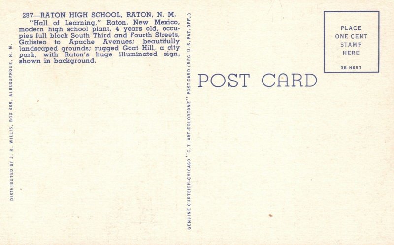 Vintage Postcard 1930's Hall of Learning Building Raton High School New Mexico