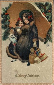 Christmas Little Girls Children in Snow c1910 Gel Vintage Postcard