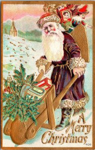 Vintage 1910's Santa In Purple Robe & Wheel Barrow & Toy Bags Christmas Postcard