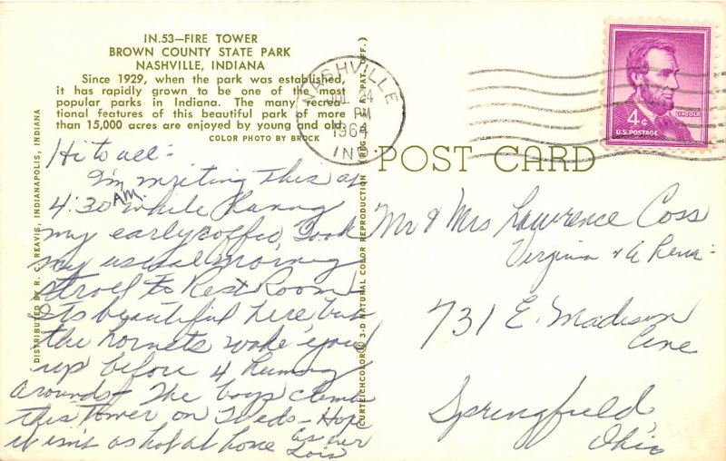 Nashville Indiana 1964 Postcard Fire Tower Brown County State Park 