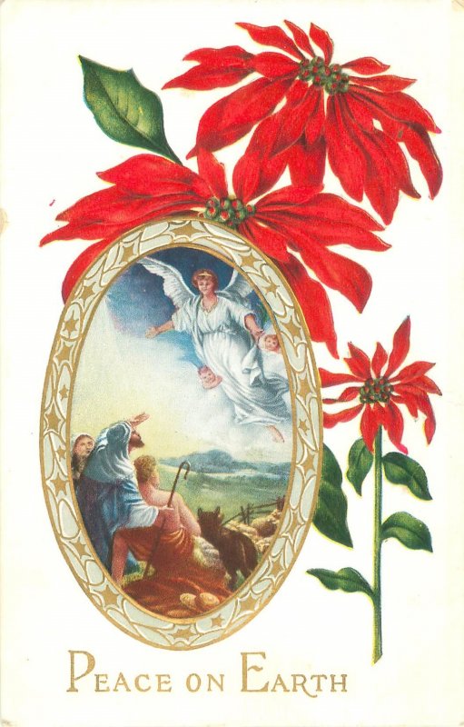 Vintage Angel and Shepherds Postcard, Embossed Christmas Theme With Poinsettias