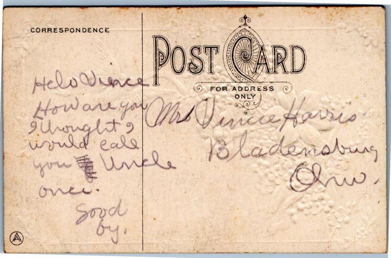 postcard - To Dear Uncle - blue forget me not and dove - AA publisher - embossed