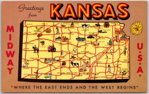 Kansas State Map Dodge City, Barn, Cattle, Greetings Midway Vintage Postcard