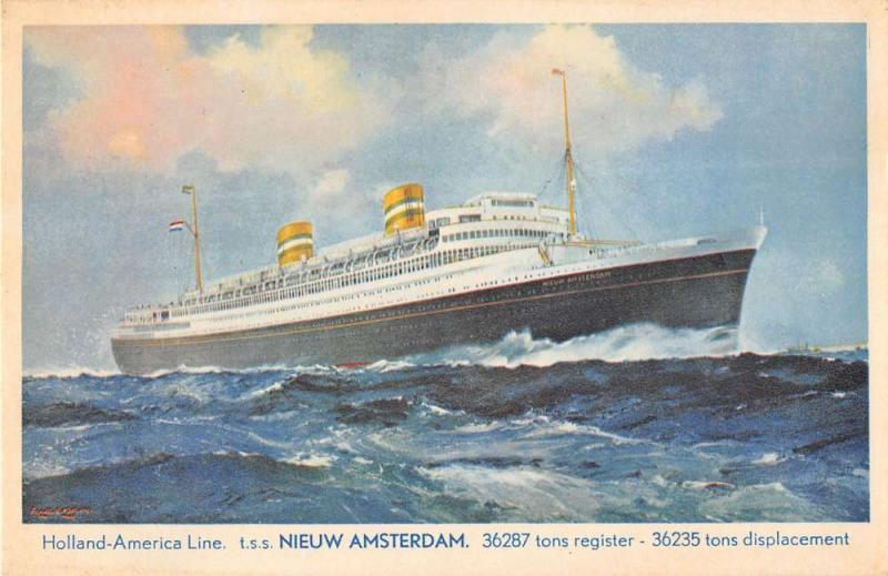 Holland America Line Nieuw Amsterdam Steam Ship Antique Postcard K36029