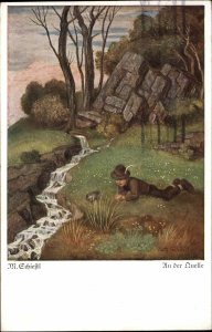 M Schiestl Fantasy Little Boy with Frog by Stream German Fairy Tale Vintage PC