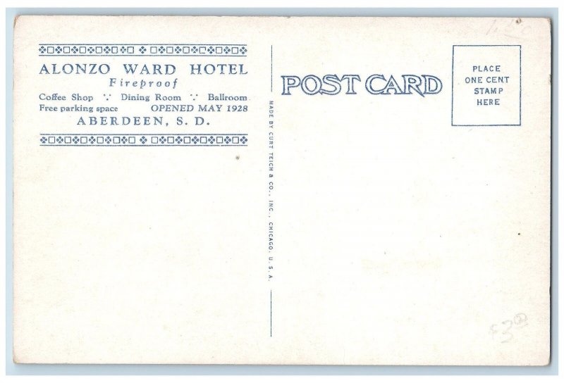 c1920 Alonzo Ward Hotel & Restaurant Classic Car Aberdeen South Dakota Postcard