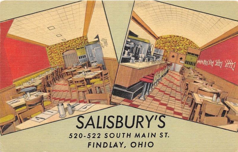 E38/ Findlay Ohio Roadside Postcard Linen Salisbury's Restaurant Cafe Interior