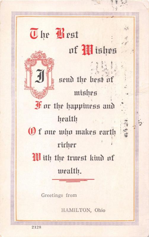 HAMILTON OHIO THE BEST OF WISHES POEM GREETING POSTCARD 1916