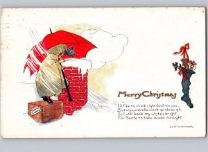 c1920 Merry Christmas Cute Girl With Umbrella At Chimney Xmas Edith Truman Woolf