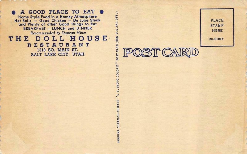 SALT LAKE CITY, UT Utah DOLL HOUSE RESTAURANT~Interior ROADSIDE c1940's Postcard